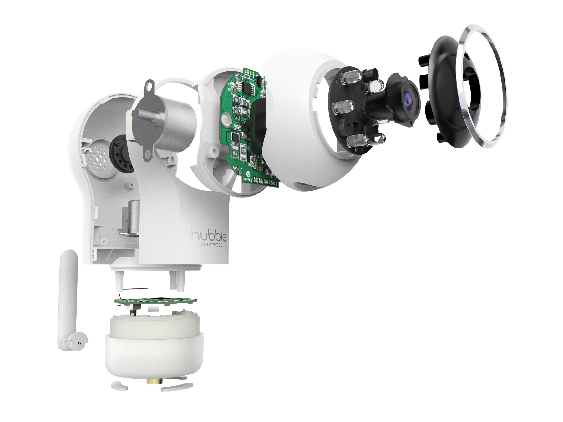 Exploded view showing the internal camera, motors, circuit boards, and housing